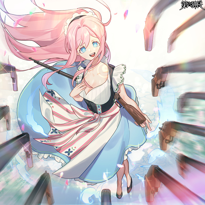 1girl, black_footwear, blue_dress, blue_eyes, blurry, breasts, bright_pupils, cleavage