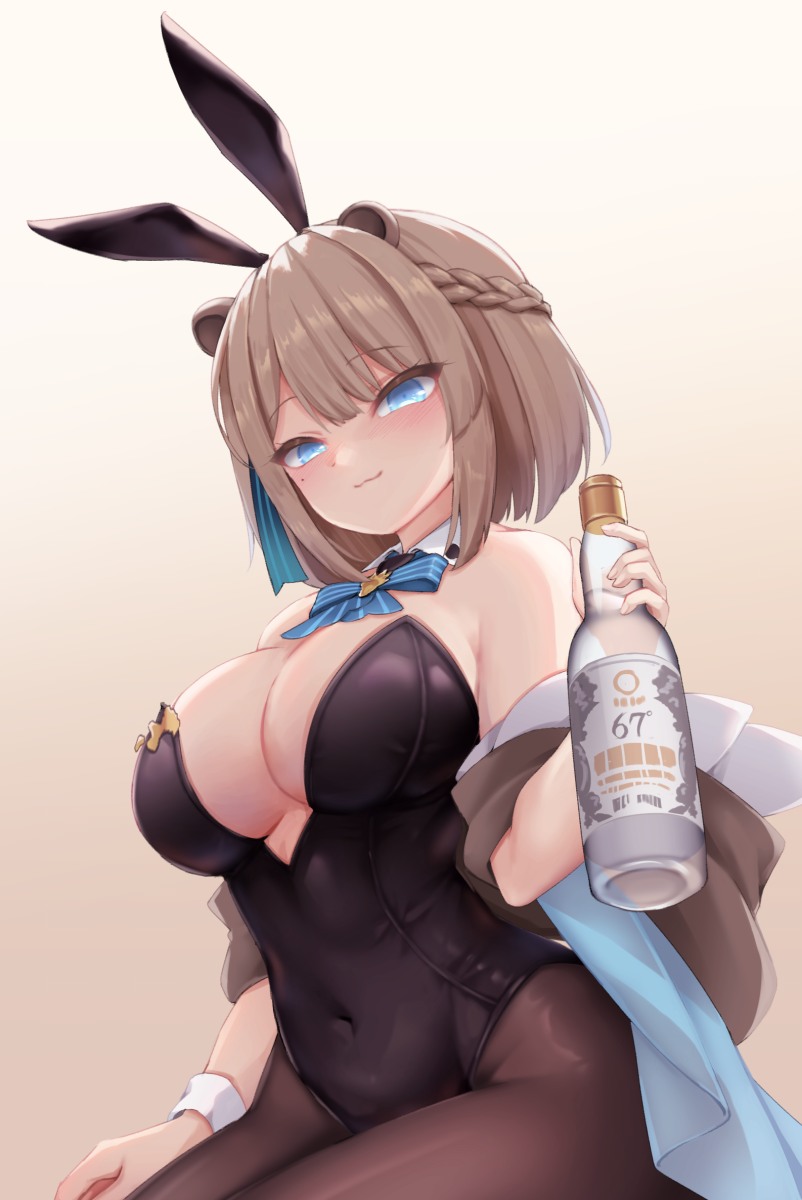 1girl, :3, alcohol, animal_ears, bare_arms, bare_shoulders, black_leotard, black_pantyhose