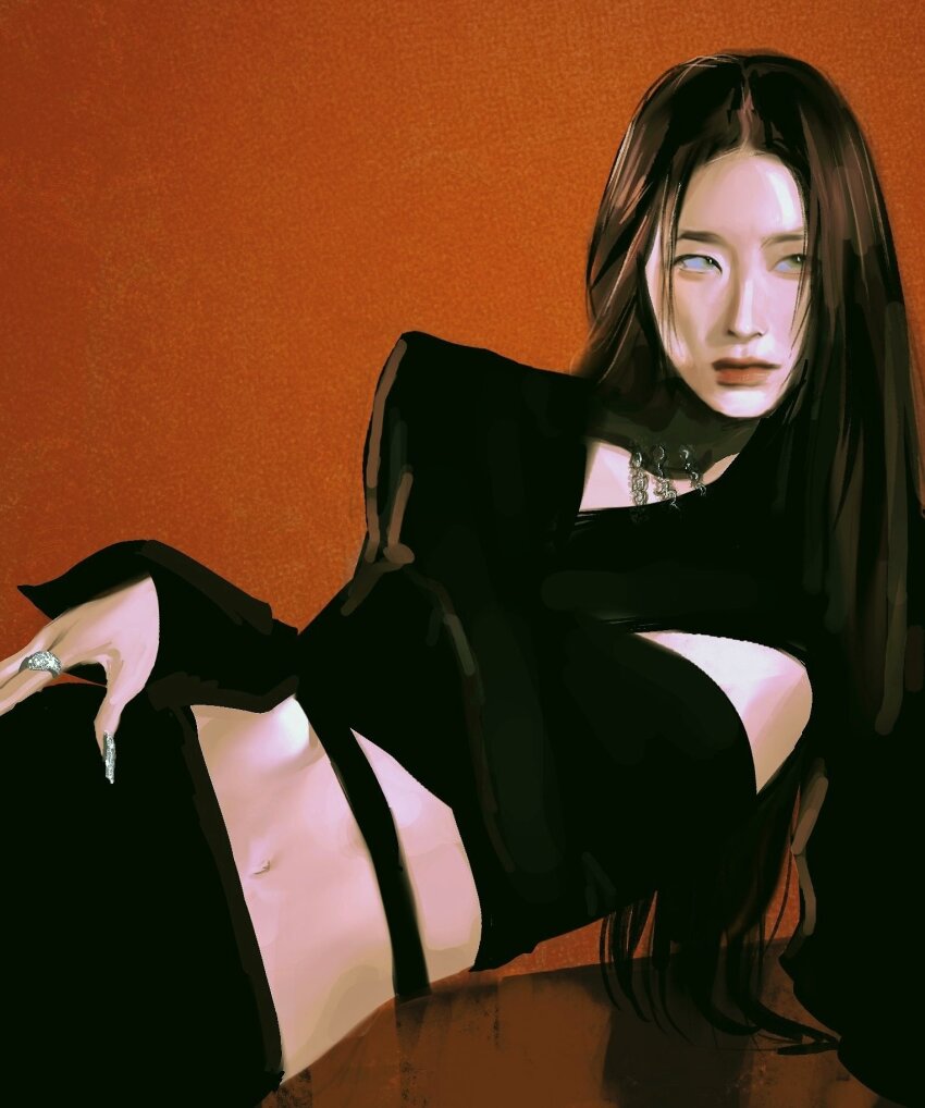 1girl, black_hair, black_shirt, brown_hair, closed_mouth, highres, jewelry, k-pop