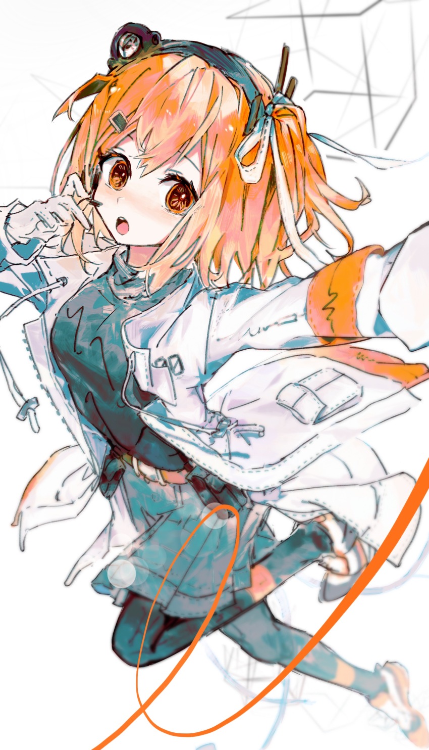 1girl, absurdres, adachi_rei, black_footwear, black_hairband, black_pantyhose, breasts, coat, gloves, grey_shorts, hair_ribbon, hairband, highres, ikeasame, long_sleeves, medium_hair, open_clothes, open_coat, open_mouth, orange_eyes, orange_hair, pantyhose, ribbon, shorts, small_breasts, solo, utau, white_coat, white_gloves, white_ribbon