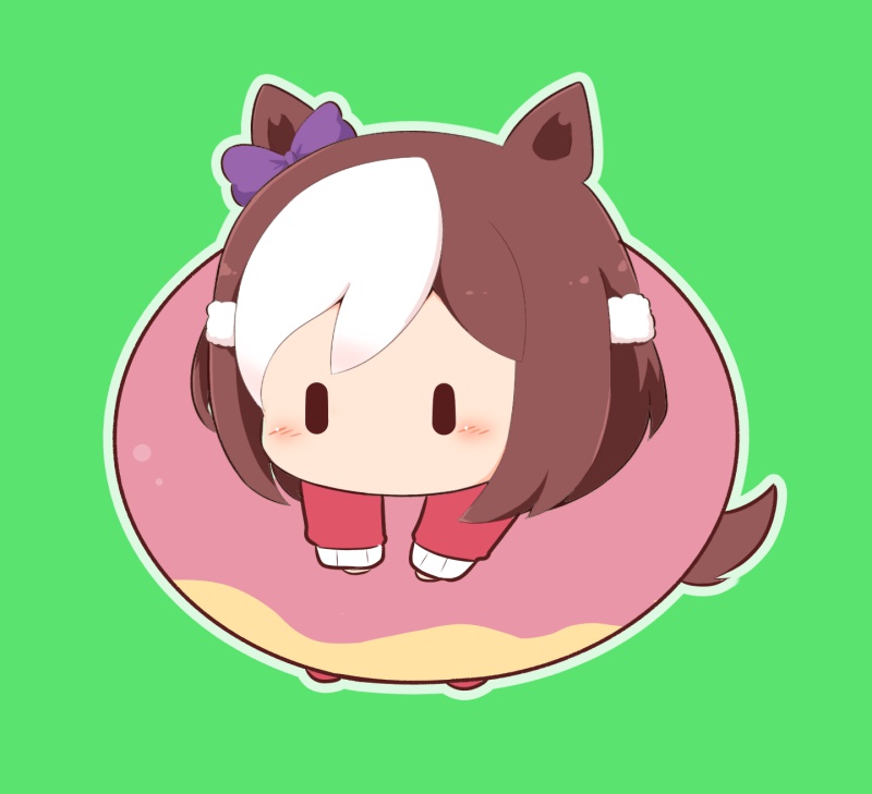1girl, animal_ears, blush_stickers, boomerang_fu, bow, brown_hair, chibi, commentary_request, donut, ear_bow, food, full_body, gomashio_(goma_feet), green_background, grey_outline, horse_ears, horse_girl, horse_tail, jacket, long_sleeves, multicolored_hair, outline, purple_bow, red_jacket, simple_background, sleeves_past_wrists, solo, special_week_(umamusume), tail, track_jacket, two-tone_hair, umamusume, white_hair, white_outline, |_|