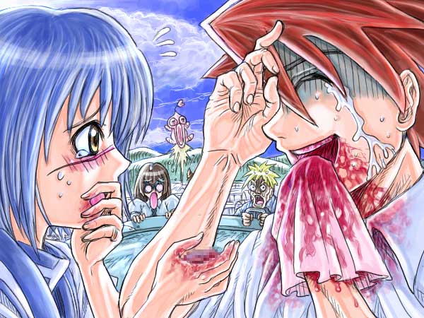 00s, 1other, 2boys, 2girls, :o, angel_gozen_(character), blonde_hair, blood