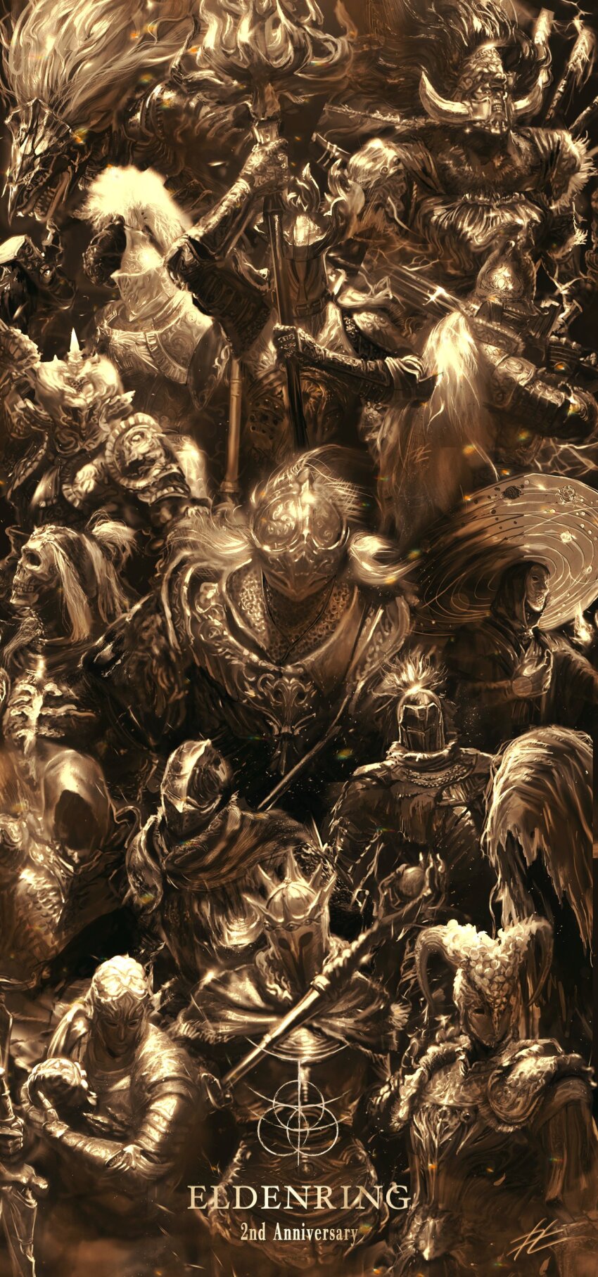 1girl, 6+boys, absurdres, animal_head, anniversary, armor, armored_animal, assassin, black_armor, black_helmet, black_knife_assassin, bloody_wolf_(elden_ring), bloody_wolf_(elden_ring)_(cosplay), breastplate, cape, character_request, cloak, copyright_name, cosplay, covered_eyes, crucible_knight, d_hunter_of_the_dead, elden_ring, elden_ring_(object), ensha_of_the_royal_remains, fake_horns, full_armor, fur-trimmed_armor, fur_cape, fur_cloak, fur_trim, gauntlets, gideon_ofnir, gold_armor, gold_theme, greatsword, halberd, hat, hat_over_hood, helm, helmet, helmet_over_eyes, highres, holding, holding_polearm, holding_scepter, holding_sword, holding_weapon, hood, hood_up, hooded_cape, horned_helmet, horns, juno_hoslow, knight, long_hair, maliketh's_black_blade, maliketh_the_black_blade, mask, mrpk, multiple_boys, night's_cavalry, open_mouth, ornate, ornate_armor, ornate_weapon, pauldrons, plate_armor, plume, polearm, preceptor_seluvis, roundtable_knight_vyke, scepter, sharp_teeth, shoulder_armor, shoulder_plates, skull, skull_mask, spear, spiked_helmet, standing, starscourge_radahn, stone_mask, sword, tarnished_(elden_ring), teeth, title, tree_sentinel, two-handed_sword, uncle_and_nephew, weapon, white_hair, wizard_hat