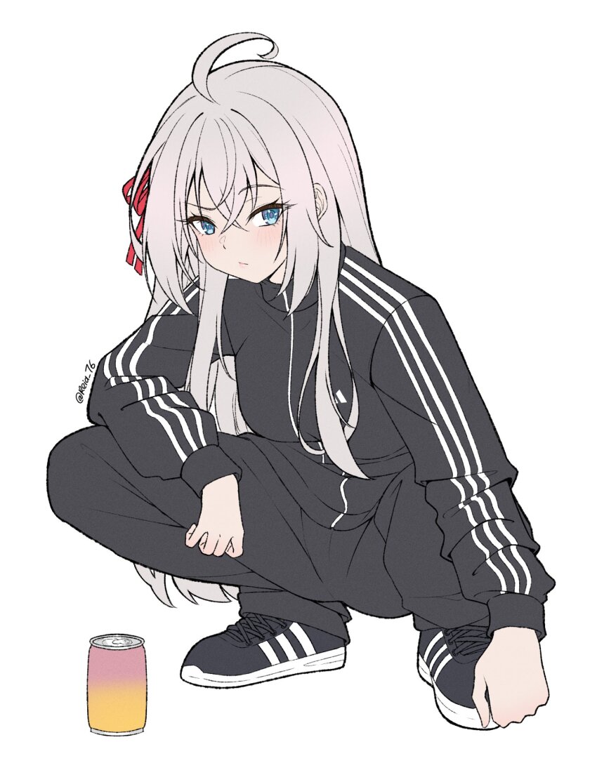 1girl, adidas, adidas_superstar, ahoge, alisa_mikhailovna_kujou, beer_can, black_track_suit, blue_eyes