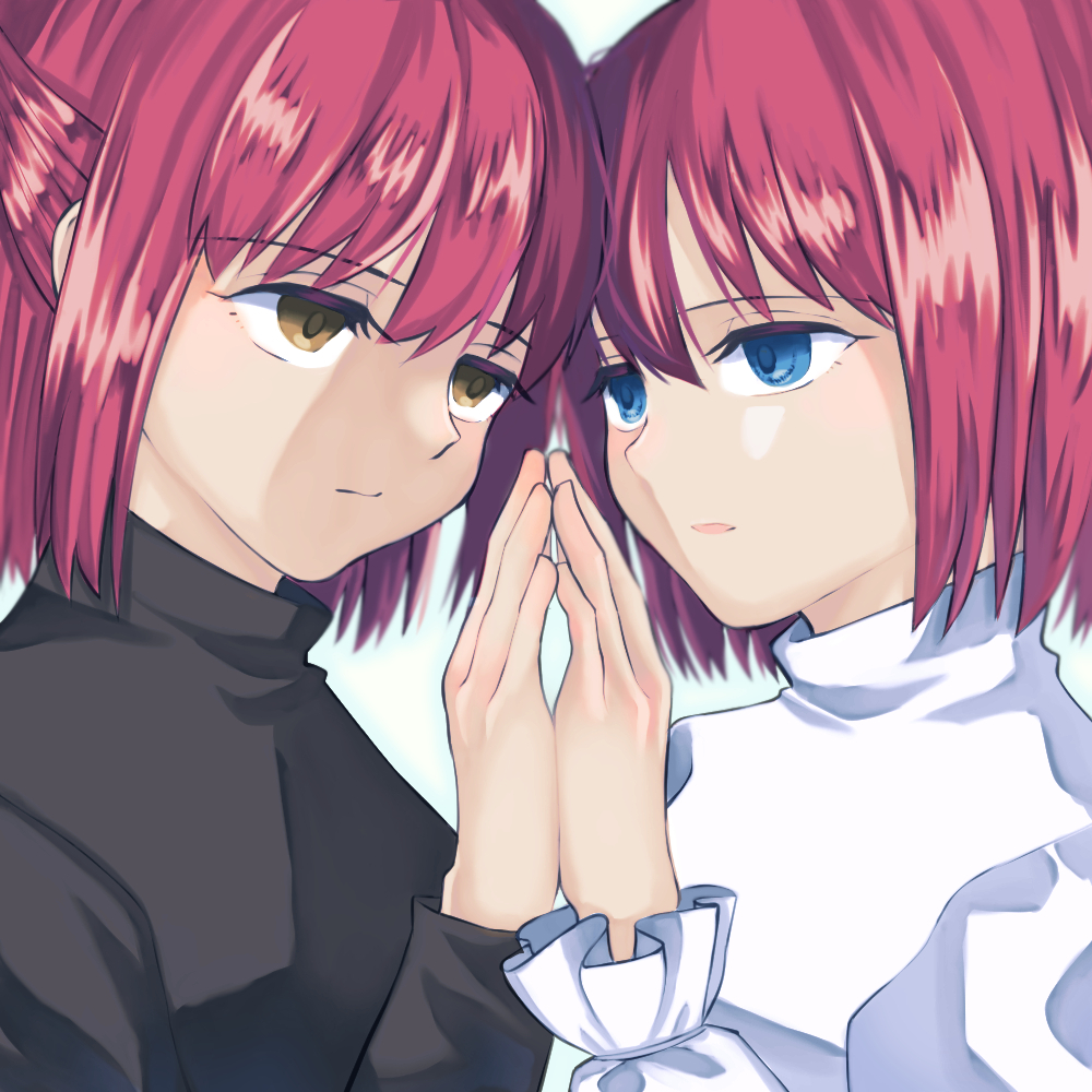 2girls, black_shirt, blue_eyes, expressionless, flaired_sleeves, hisui_(tsukihime), holding_hands, kohaku_(tsukihime), looking_at_another, multiple_girls, narcissus_(artist), pink_hair, shirt, short_hair, siblings, sisters, tsukihime, twins, white_background, white_shirt, yellow_eyes