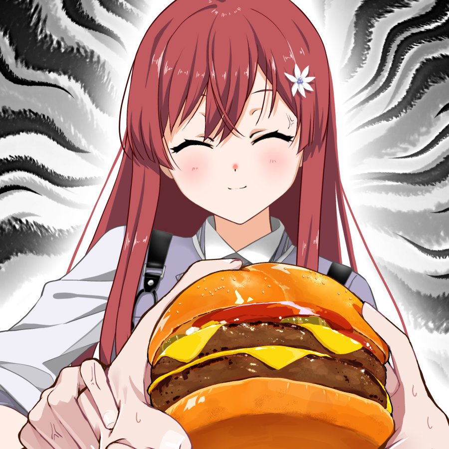 1girl, 22/7, ^_^, anger_vein, burger, closed_eyes, closed_mouth, crossed_bangs