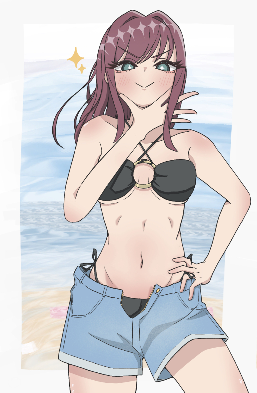 1girl, beach, bikini, black_bikini, blush, breasts, denim, denim_shorts