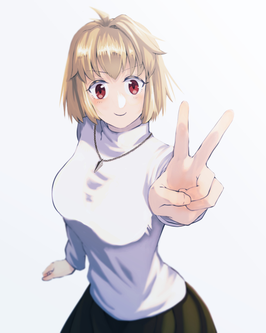 1girl, ahoge, arcueid_brunestud, black_skirt, blonde_hair, breasts, highres, jewelry, large_breasts, looking_at_viewer, narcissus_(artist), necklace, red_eyes, shirt, skirt, smile, tight_clothes, tight_shirt, tsukihime, v, white_background, white_shirt