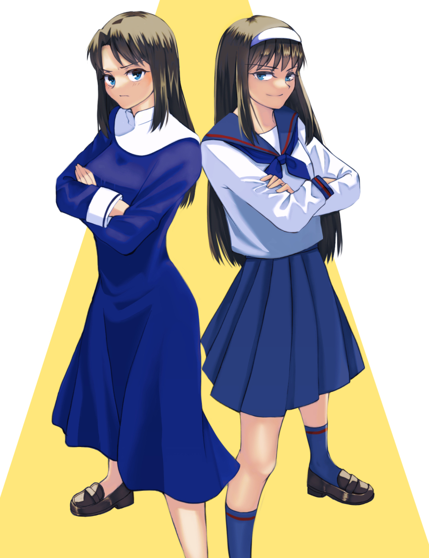 asagami_private_girls_acadamy, blue_eyes, brown_hair, crossed_arms, highres, kara_no_kyoukai, kokutou_azaka, loafers, long_hair, looking_at_viewer, narcissus_(artist), reien_girl's_academy_school_uniform, sailor_collar, school_uniform, serious, shoes, smile, socks, tohno_akiha, tsukihime