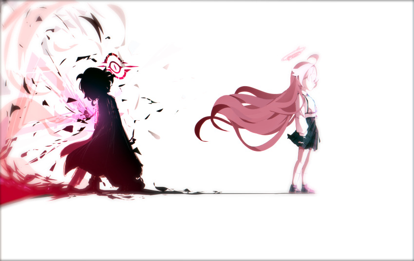 ahoge, black_skirt, blue_archive, blue_necktie, chest_harness, collared_shirt, halo, harness