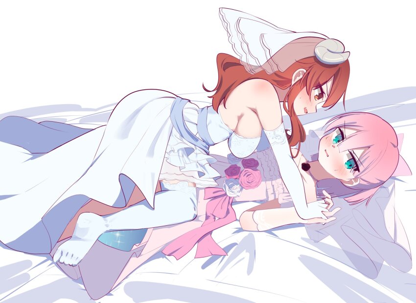 2girls, bed_sheet, blue_eyes, blush, bow, breasts, bridal_gauntlets, bridal_veil