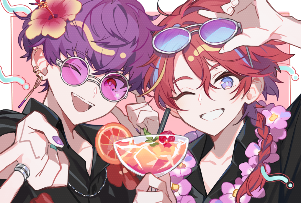 2boys, black_shirt, blue-tinted_eyewear, braid, cocktail_glass, collared_shirt, cup, drinking_glass