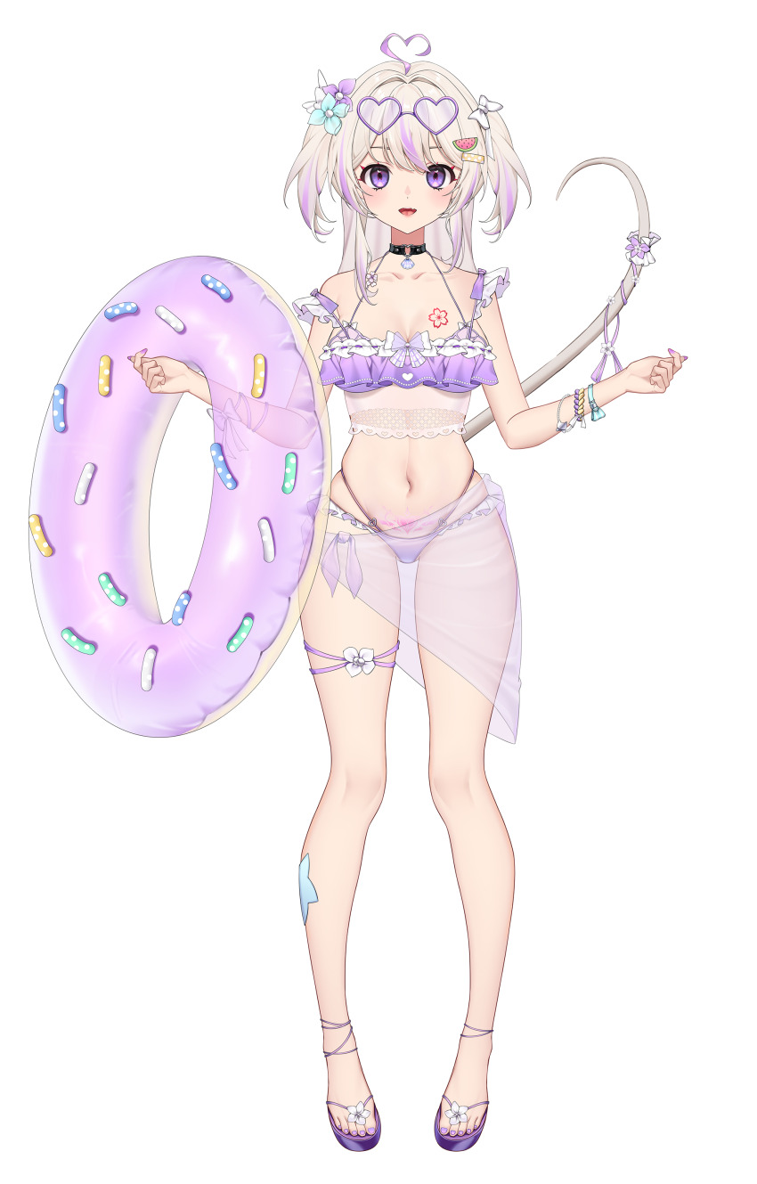 1girl, :d, absurdres, ahoge, arm_ribbon, bikini, black_choker, blue_flower