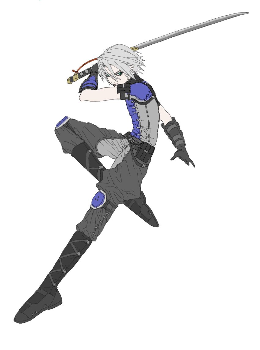 1boy, aqua_eyes, black_boots, black_gloves, blue_shirt, boots, chaps, fighting_stance