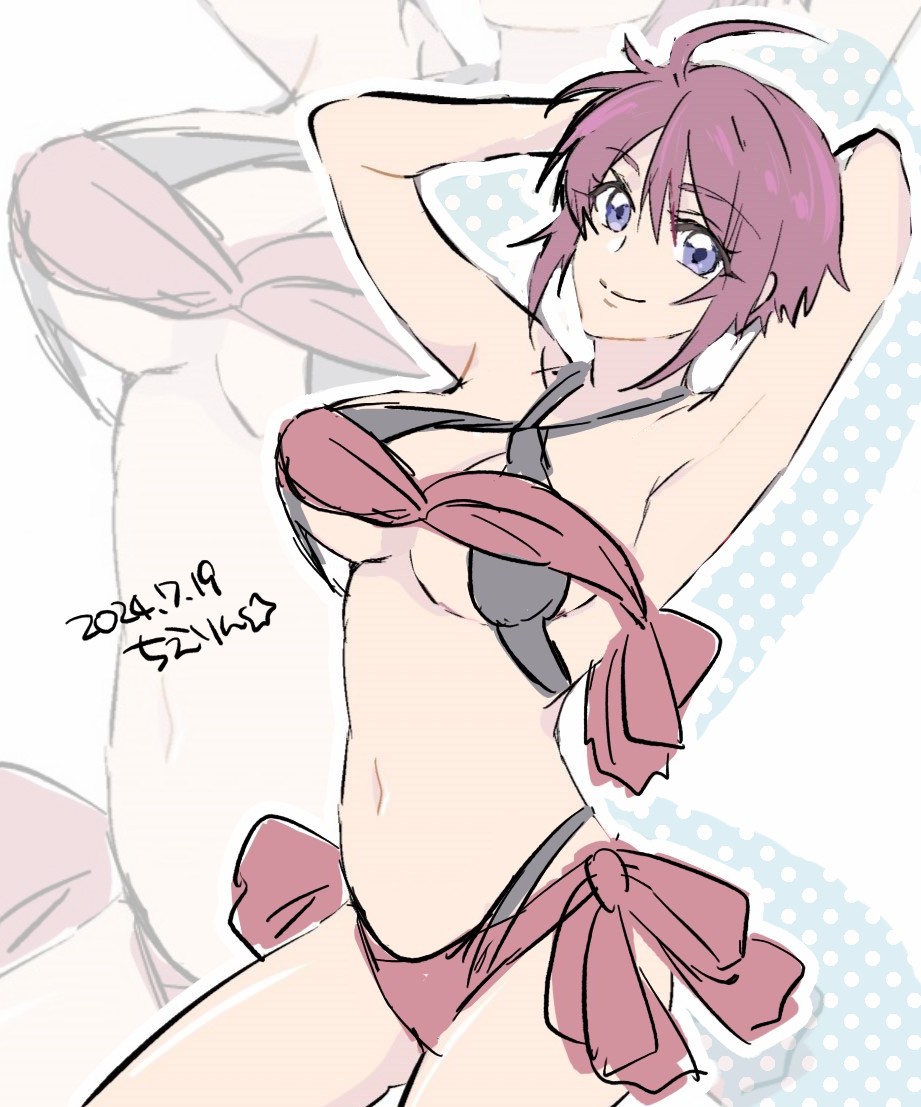 1girl, 2024, ahoge, armpits, arms_up, bare_shoulders, bikini, breasts