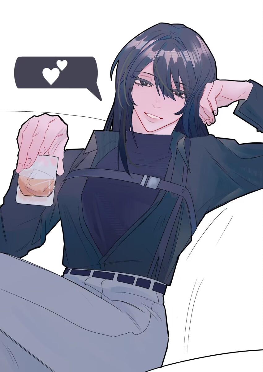 1girl, alcohol, black_eyes, black_hair, black_shirt, chest_strap, chief_(path_to_nowhere), collared_shirt