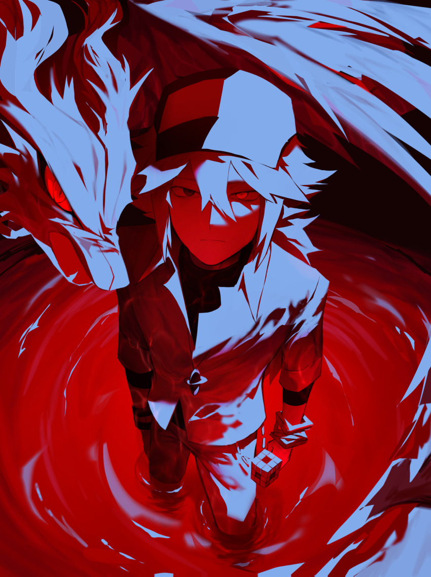 1boy, baseball_cap, gen_5_pokemon, hat, heterochromia, highres, legendary_pokemon, looking_at_viewer