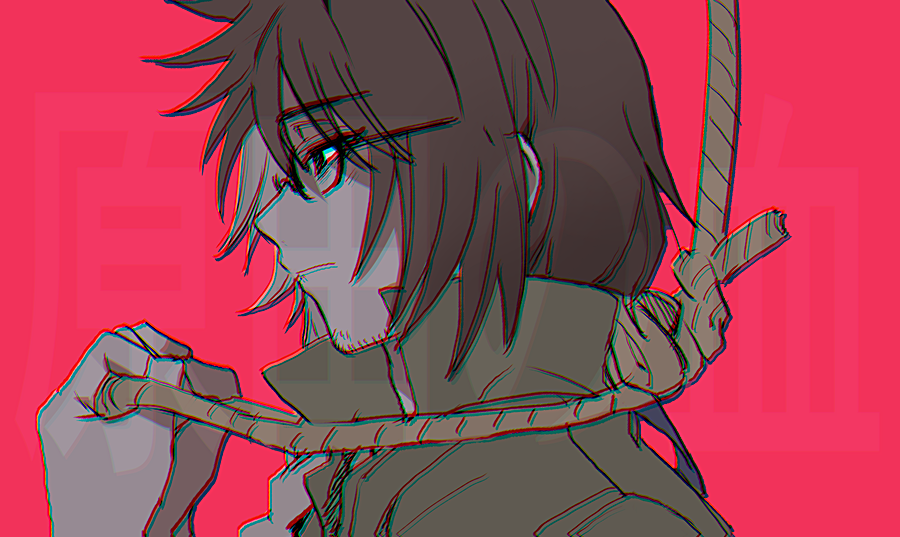 1boy, beard_stubble, black_eyes, brown_hair, chromatic_aberration, closed_mouth, collared_shirt, commentary_request