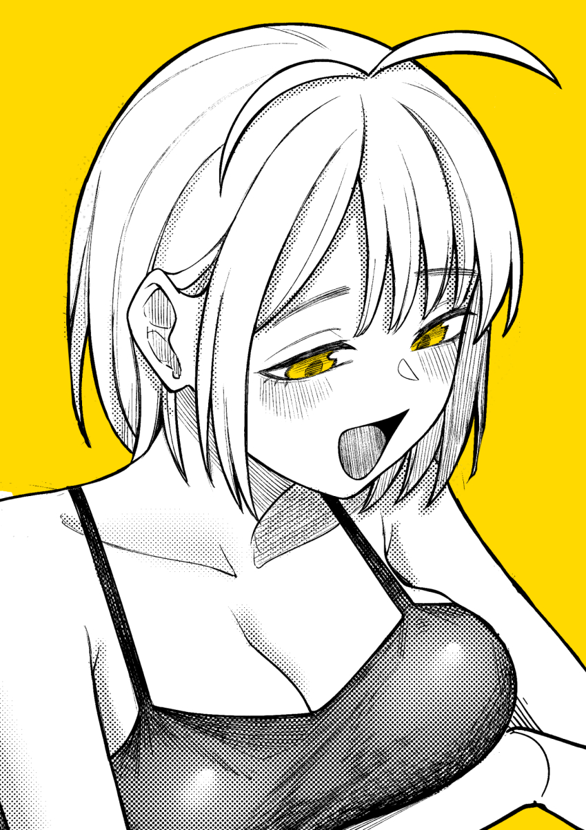 1girl, :d, antenna_hair, bare_shoulders, blush, brainrot_girlfriend, luvvy_gronk, breasts