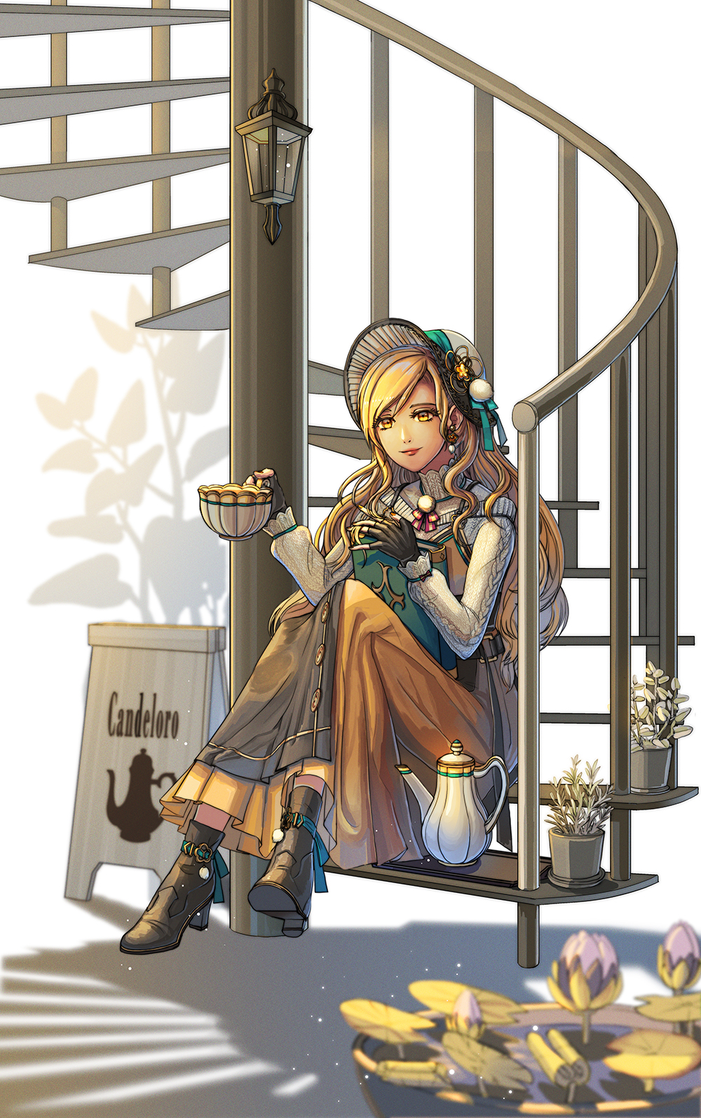 1girl, apron, belt, black_apron, black_belt, black_boots, black_gloves, blonde_hair