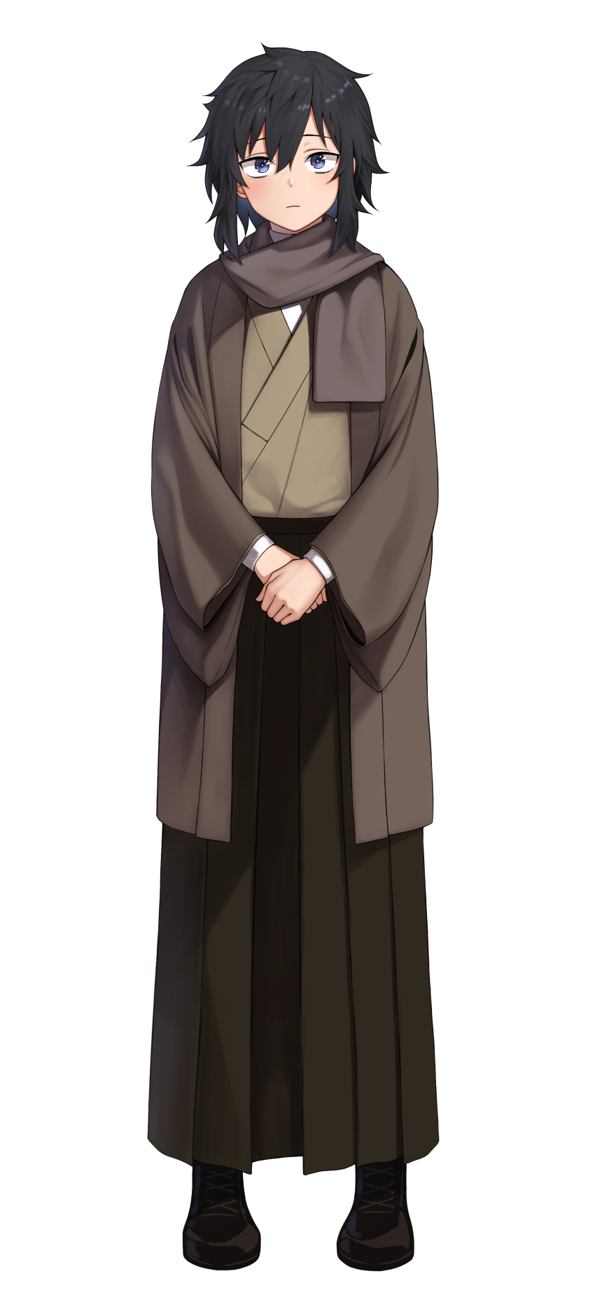 1boy, absurdres, black_hair, blue_eyes, brown_hakama, brown_haori, brown_kimono, brown_scarf