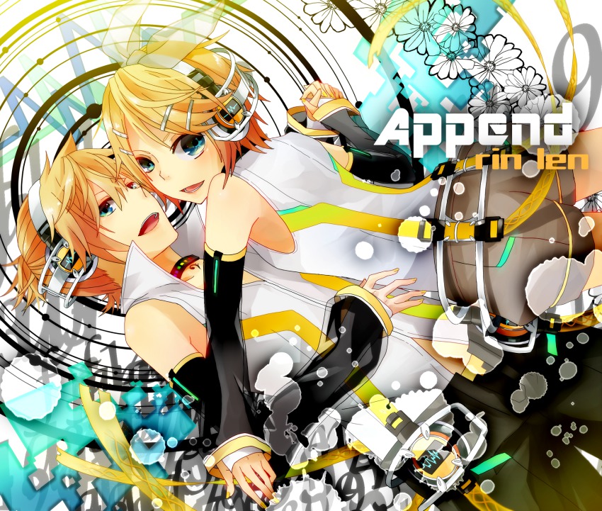 1boy, 1girl, arm_warmers, bad_id, bad_pixiv_id, blonde_hair, blue_eyes, brother_and_sister