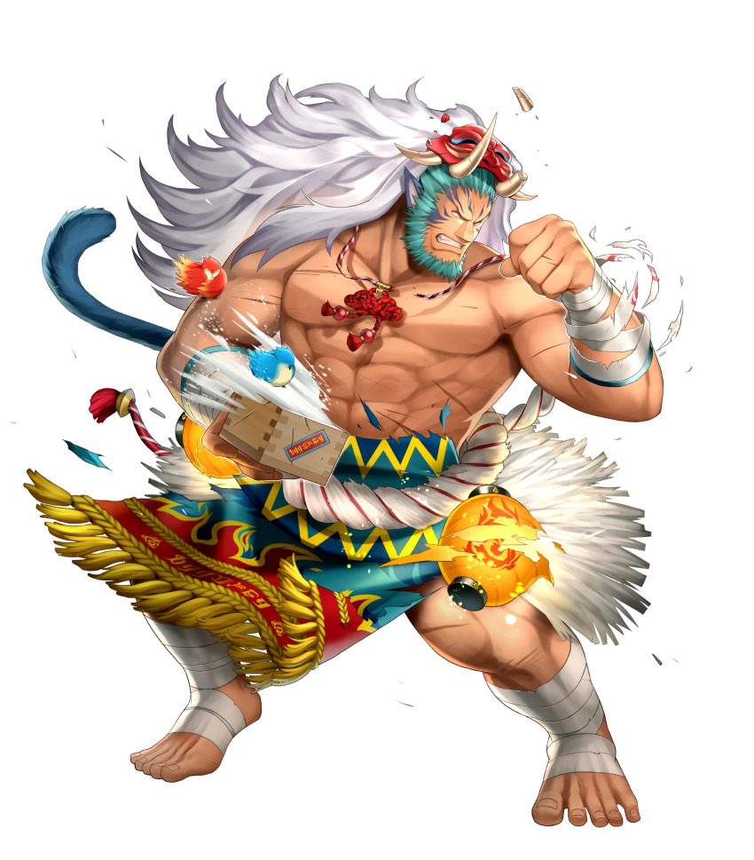 1boy, abs, animal_ears, bandaged_ankle, bandaged_foot, bandaged_wrist, bandages, barefoot