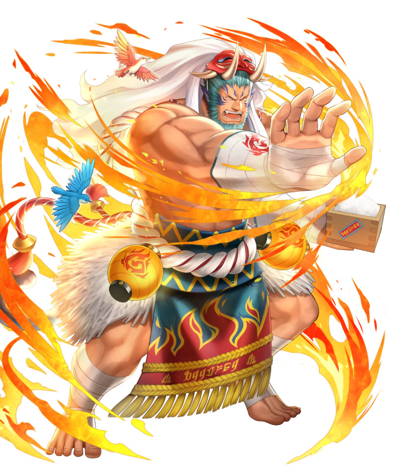 1boy, abs, animal_ears, bandaged_ankle, bandaged_foot, bandaged_wrist, bandages, barefoot