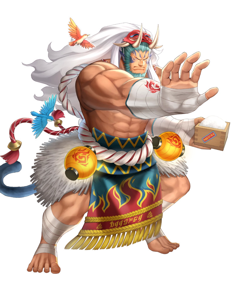 1boy, abs, animal_ears, bandaged_ankle, bandaged_foot, bandaged_wrist, bandages, barefoot