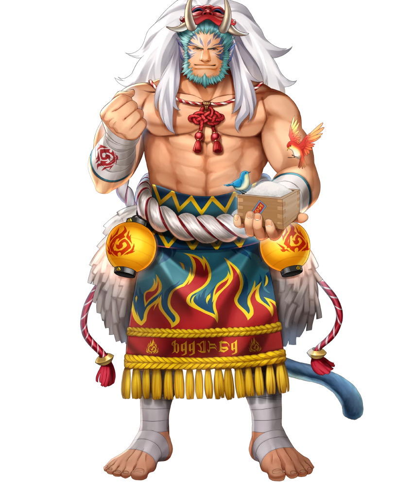 1boy, abs, animal_ears, bandaged_ankle, bandaged_foot, bandaged_wrist, bandages, barefoot