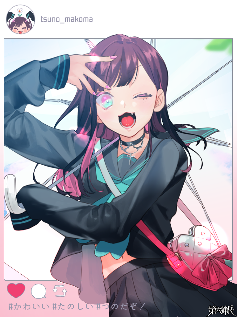 1girl, ;d, aqua_neckerchief, arm_up, bag, black_choker, black_sailor_collar, black_shirt, black_skirt, brown_hair, character_name, choker, copyright_name, dairoku_ryouhei, fang, handbag, heart, long_hair, long_sleeves, multicolored_eyes, neckerchief, one_eye_closed, open_mouth, osimaru, pink_nails, sailor_collar, shirt, skirt, smile, solo, tsuno_makoma, v