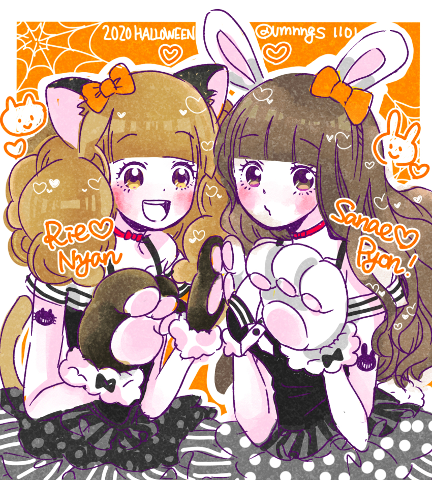 2girls, animal_ears, animal_hands, bemani, black_dress, blunt_bangs, border, bow