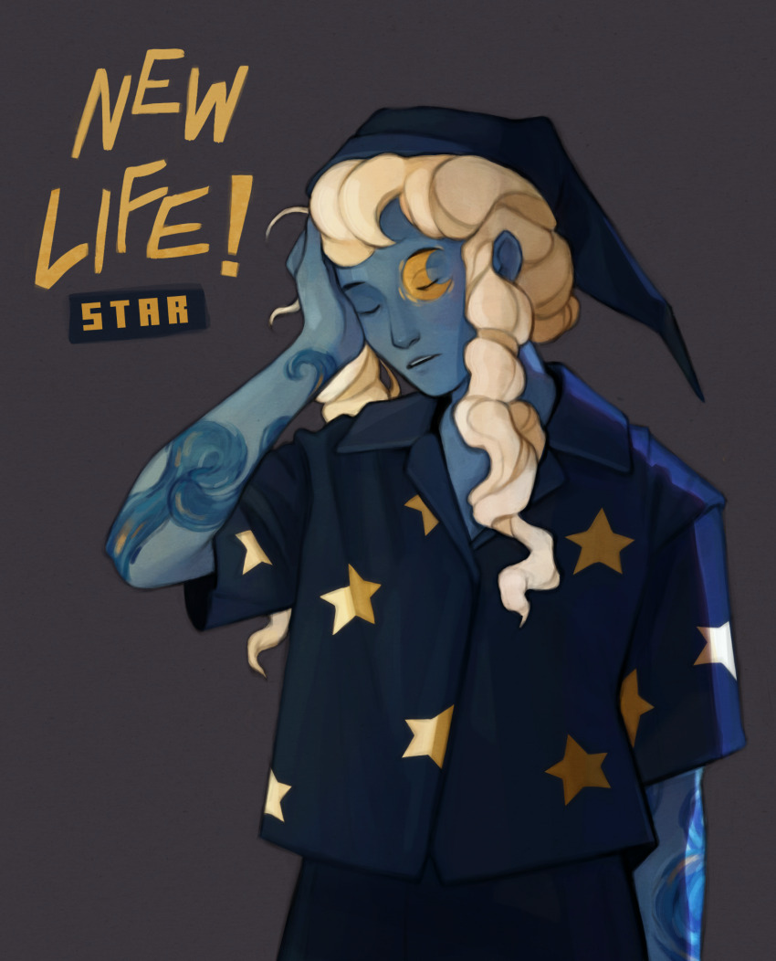 1girl, blonde_hair, blue_hat, blue_pajamas, blue_pants, blue_shirt, blue_skin, closed_eyes