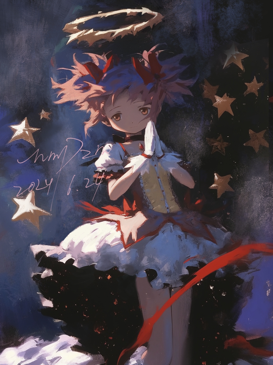 1girl, asymmetrical_skirt, bow, bow_choker, buttons, center_frills, chest_jewel, chinese_commentary