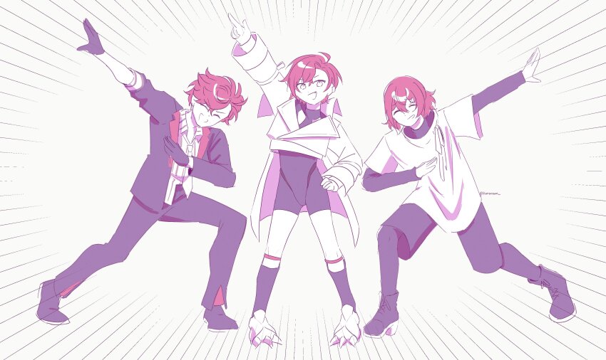 3boys, absurdres, bishounen, black_bodysuit, black_footwear, black_gloves, black_suit, bodysuit