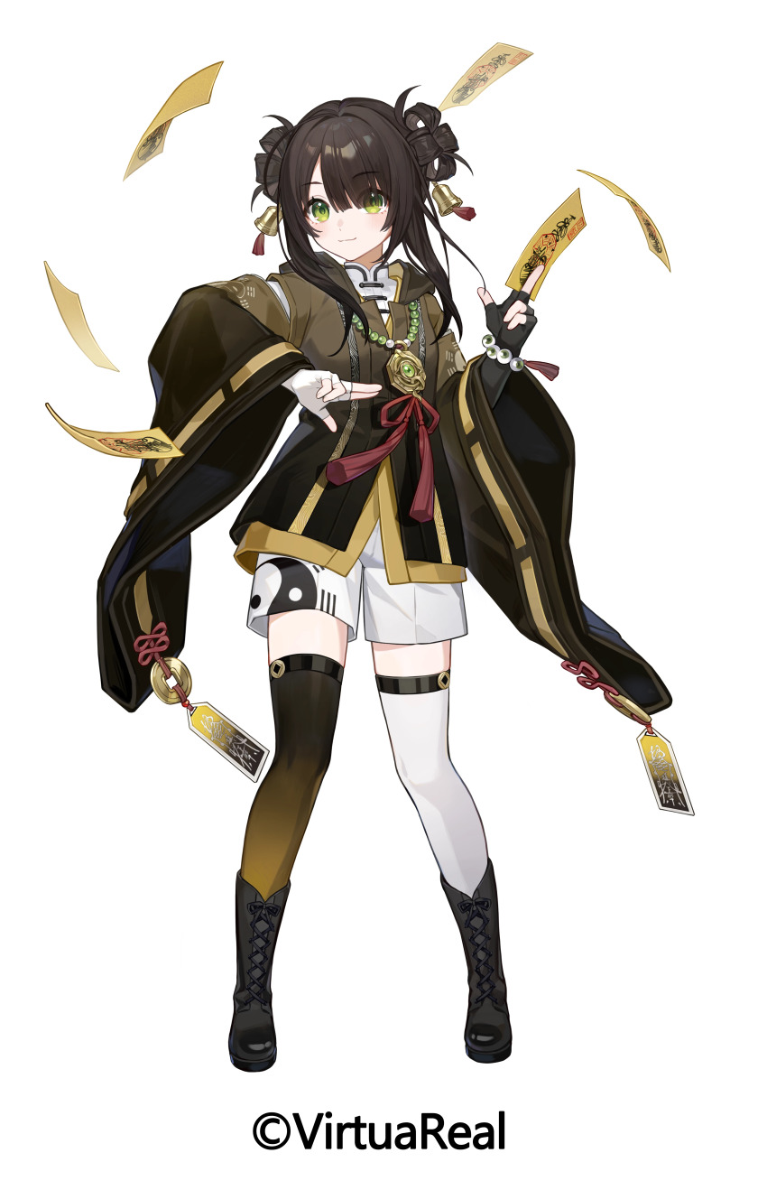 1girl, :3, absurdres, aimota, asymmetrical_gloves, asymmetrical_legwear, bagua, bead_bracelet