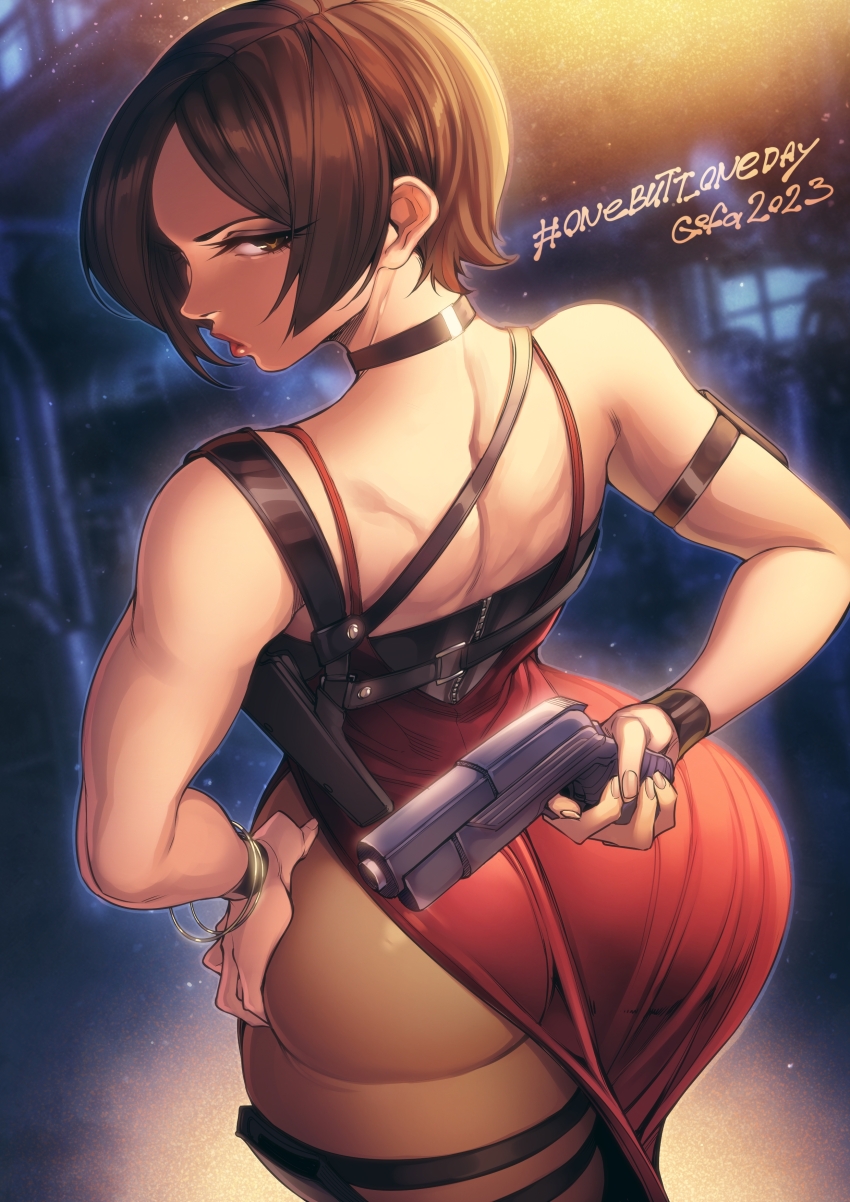1girl, absurdres, ada_wong, arm_holster, ass, ass_focus, back, background_request, bangle, bare_shoulders, black_choker, black_hair, bracelet, brown_eyes, choker, commentary, dress, dutch_angle, english_commentary, finger_on_trigger, from_behind, gofa, gun, hand_on_own_hip, handgun, highres, holding, holding_gun, holding_weapon, holster, jewelry, long_dress, looking_at_viewer, looking_back, pantyhose, red_dress, red_lips, resident_evil, resident_evil_4, resident_evil_4_(remake), short_hair, shoulder_holster, side_slit, sleeveless, sleeveless_dress, solo, standing, thick_thighs, thigh_holster, thighs, weapon, wide_hips, wristband