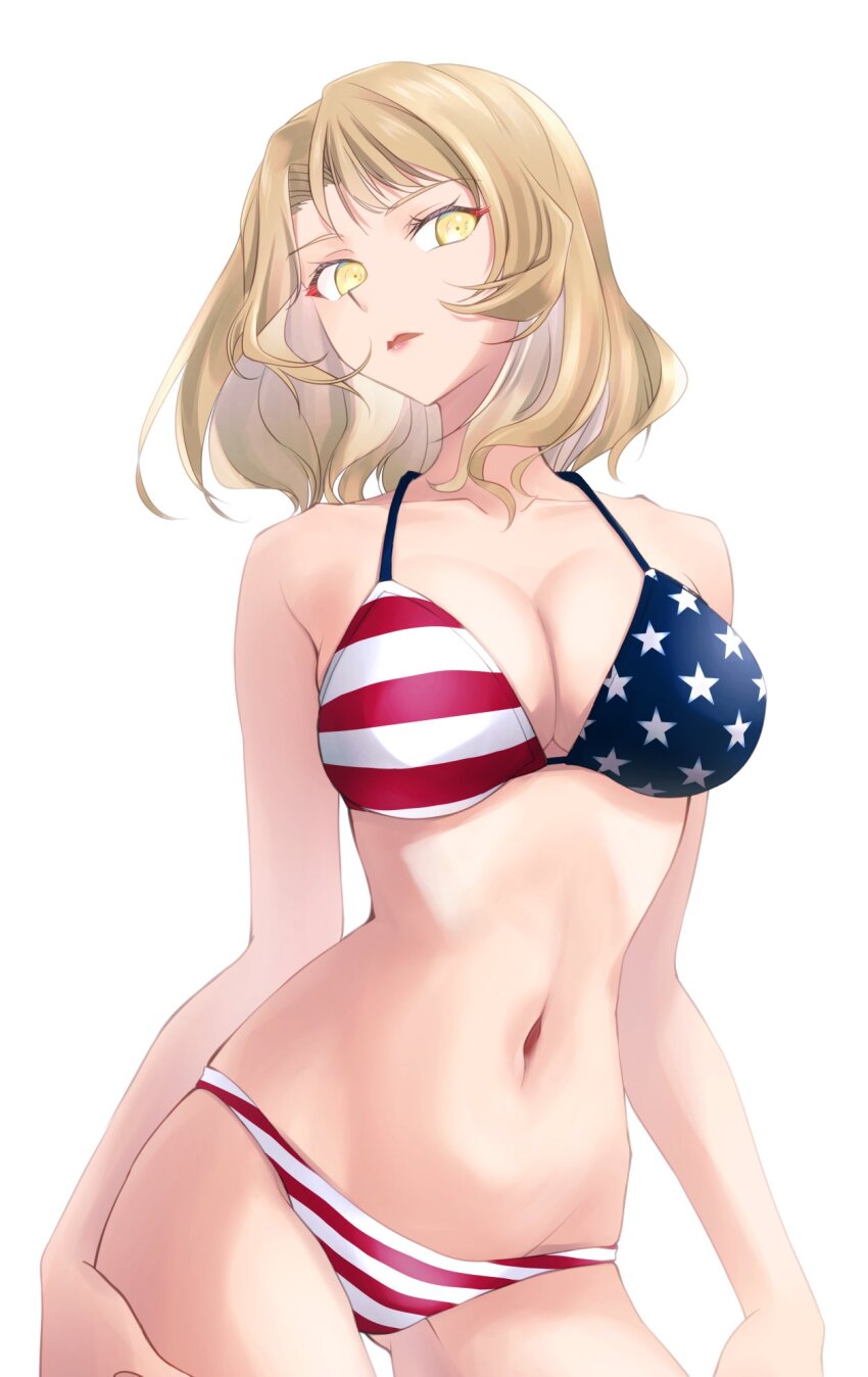 1girl, american_flag, american_flag_bikini, american_flag_print, bikini, blonde_hair, breasts, cleavage