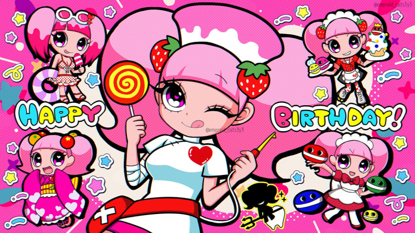 1girl, apron, bemani, bow, dentist, eyelashes, eyewear_on_head, food-themed_hair_ornament