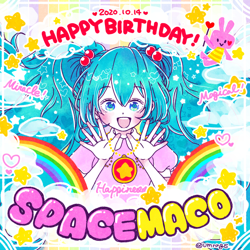 1girl, bemani, blue_eyes, blue_hair, blush, character_name, dated, dress