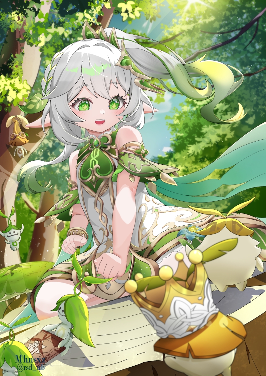 1girl, :d, absurdres, aranara_(genshin_impact), artist_name, bare_shoulders, bracelet, cloud