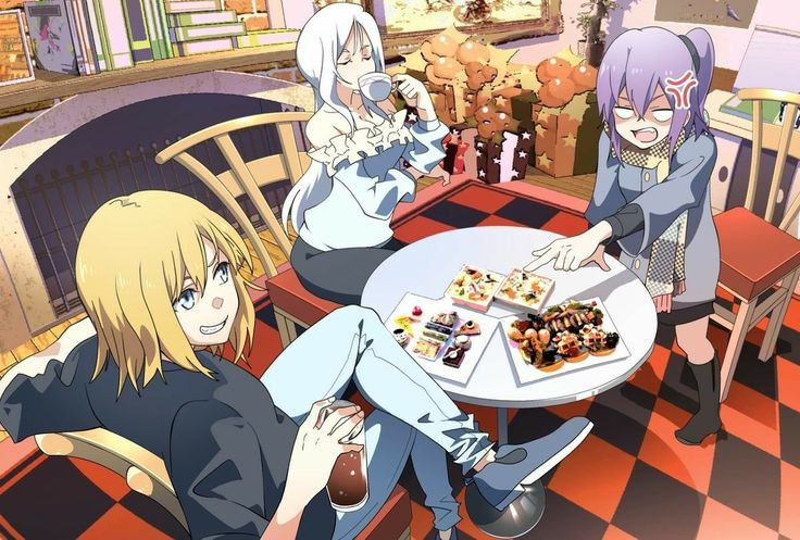 3girls, anger_vein, angry, blonde_hair, blue_eyes, carrera_(tensura), closed_eyes, cup