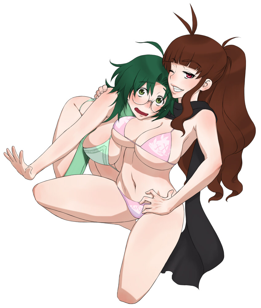 00s, 2girls, ahoge, bikini, blush, breasts, brown_eyes, brown_hair, cleavage, glasses, green_eyes, green_hair, grin, hand_on_shoulder, hidaka_mai, idolmaster, idolmaster_dearly_stars, large_breasts, long_hair, multiple_girls, okamoto_manami, open_mouth, ponytail, smile, swimsuit, wata_do_chinkuru, wink