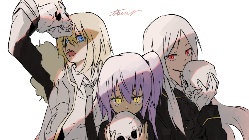 3girls, blonde_hair, blue_eyes, carrera_(tensura), demon_girl, highres, military_uniform, multiple_girls