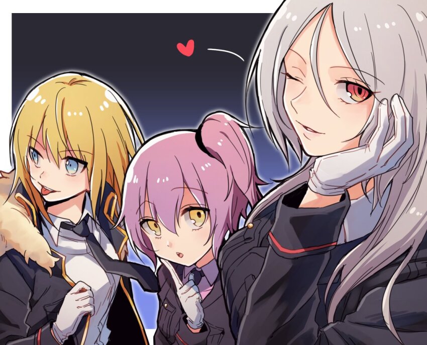 3girls, blonde_hair, blue_eyes, carrera_(tensura), demon_girl, gloves, heart, military_uniform