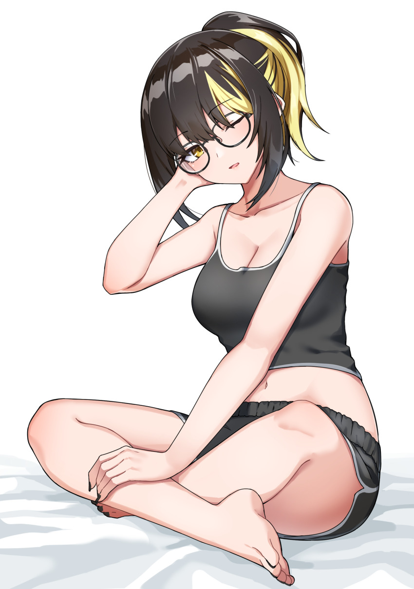 1girl, absurdres, alternate_hairstyle, bare_arms, bare_legs, bare_shoulders, barefoot, bed_sheet
