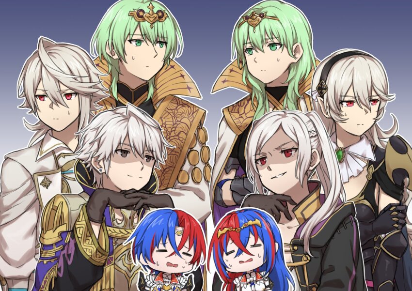 4boys, 4girls, alternate_hair_color, armor, ascot, awkward, black_armor, black_cape, black_gloves, black_hairband, black_robe, blue_hair, breasts, brooch, brown_eyes, cape, chibi, chibi_inset, circlet, cleavage, cloak, closed_eyes, closed_mouth, crossed_bangs, dual_persona, earrings, eyes_of_grima, female_alear_(fire_emblem), female_byleth_(awakened)_(fire_emblem), female_byleth_(fire_emblem), female_byleth_(enlightened_one)_(fire_emblem), female_corrin_(fire_emblem), female_corrin_(nohr_noble)_(fire_emblem), female_robin_(fire_emblem), female_robin_(grima)_(fire_emblem), fire_emblem, fire_emblem:_three_houses, fire_emblem_awakening, fire_emblem_engage, fire_emblem_fates, fire_emblem_heroes, gendou_pose, gloves, gradient_background, green_eyes, green_hair, grey_background, grey_hair, grima_(fire_emblem), hair_between_eyes, hair_ornament, hairband, hands_clasped, highres, hood, jacket, jewelry, long_hair, long_sleeves, looking_at_another, looking_to_the_side, male_alear_(fire_emblem), male_byleth_(awakened)_(fire_emblem), male_byleth_(fire_emblem), male_byleth_(enlightened_one)_(fire_emblem), male_corrin_(fire_emblem), male_corrin_(hoshido_noble)_(fire_emblem), male_robin_(grandmaster)_(fire_emblem), male_robin_(fire_emblem), medium_hair, multicolored_hair, multiple_boys, multiple_girls, nintendo, official_alternate_costume, official_alternate_hair_color, own_hands_clasped, own_hands_together, parted_lips, pointy_ears, red_eyes, red_hair, robe, shaded_face, short_hair, simple_background, smile, smirk, split-color_hair, stud_earrings, sweatdrop, tiara, trait_connection, twintails, two-tone_hair, upper_body, white_cloak, white_hair, white_jacket, zuzu_(ywpd8853)
