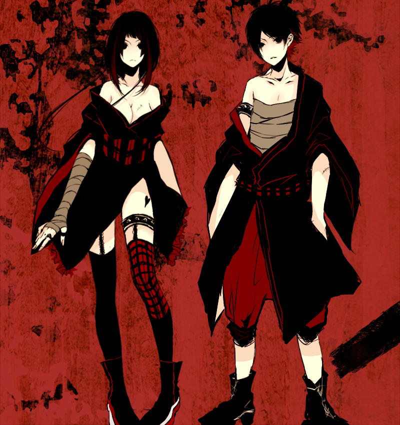 1boy, 1girl, bad_id, bad_pixiv_id, bandages, bare_shoulders, black_eyes, black_hair, boots, breasts, cleavage, japanese_clothes, kana_(kwbr), kwbr, legwear_garter, off_shoulder, original, sarashi, short_hair, side_slit, spot_color, standing, thighhighs