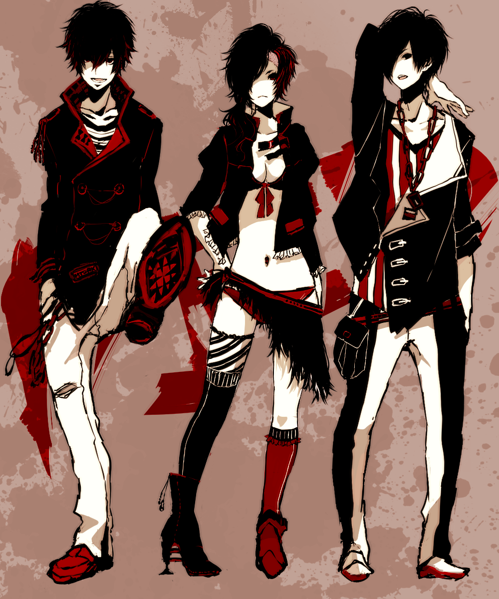 1girl, 2boys, arm_up, asymmetrical_clothes, asymmetrical_footwear, bad_id, bad_pixiv_id, black_hair