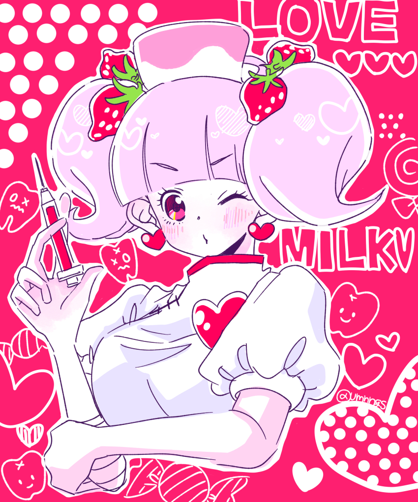 1girl, absurdres, bemani, blunt_bangs, blush, character_name, cropped_torso, earrings, eyelashes, food-themed_hair_ornament, hair_ornament, hat, heart, heart_earrings, highres, holding, holding_syringe, jewelry, looking_at_viewer, milk_(pop'n_music), nurse, nurse_cap, one_eye_closed, outline, pink_background, pink_eyes, pink_hair, pink_theme, pop'n_music, puffy_short_sleeves, puffy_sleeves, short_sleeves, solo, strawberry_hair_ornament, syringe, twintails, uminonagisa, white_outline